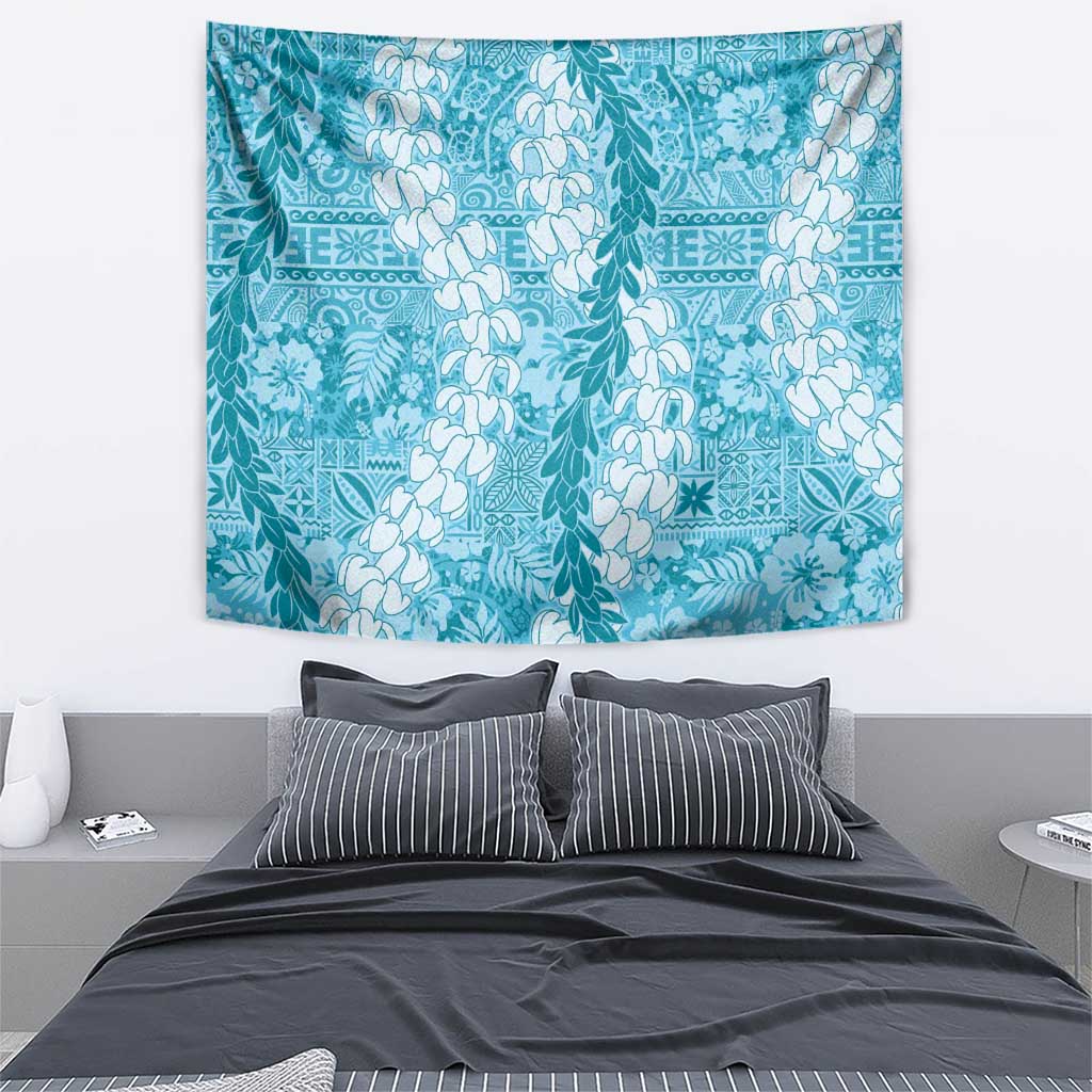 Blue Puakenikeni and Maile Lei Tapestry Hawaiian Style Tribal Tapa Double Strand Lei