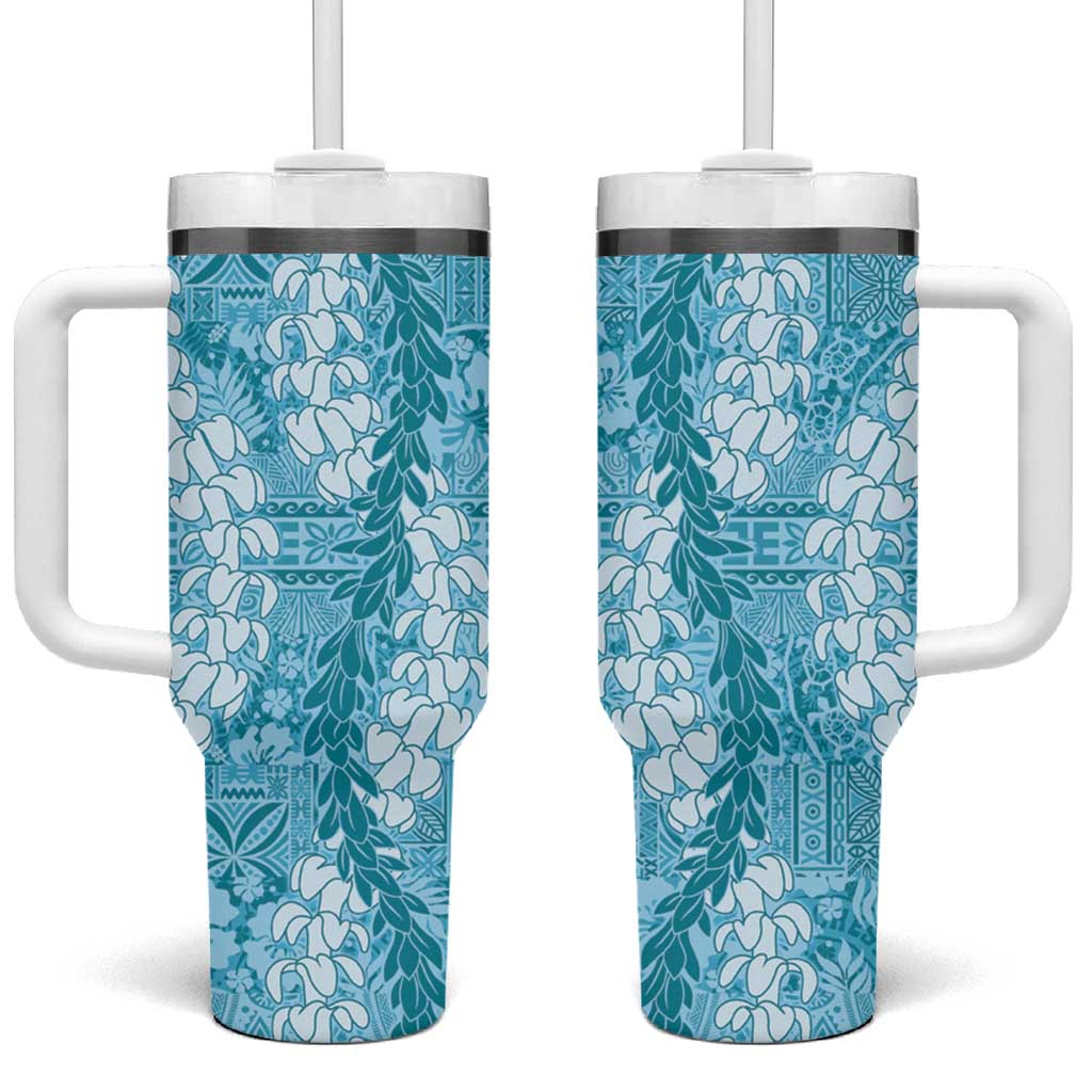 Blue Puakenikeni and Maile Lei Tumbler With Handle Hawaiian Style Tribal Tapa Double Strand Lei
