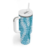 Blue Puakenikeni and Maile Lei Tumbler With Handle Hawaiian Style Tribal Tapa Double Strand Lei