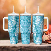 Blue Puakenikeni and Maile Lei Tumbler With Handle Hawaiian Style Tribal Tapa Double Strand Lei