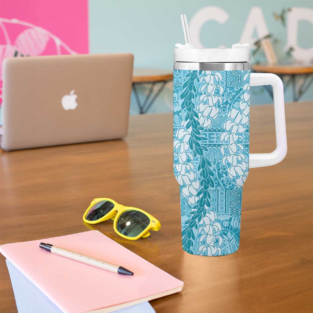 Blue Puakenikeni and Maile Lei Tumbler With Handle Hawaiian Style Tribal Tapa Double Strand Lei