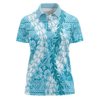 Blue Puakenikeni and Maile Lei Women Polo Shirt Hawaiian Style Tribal Tapa Double Strand Lei