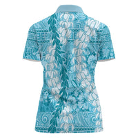 Blue Puakenikeni and Maile Lei Women Polo Shirt Hawaiian Style Tribal Tapa Double Strand Lei