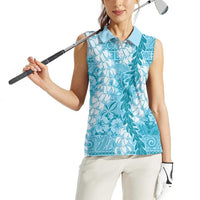 Blue Puakenikeni and Maile Lei Women Sleeveless Polo Shirt Hawaiian Style Tribal Tapa Double Strand Lei