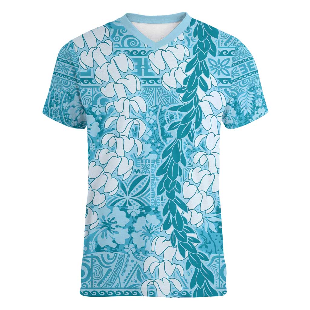 Blue Puakenikeni and Maile Lei Women V-Neck T-Shirt Hawaiian Style Tribal Tapa Double Strand Lei LT9 Female Blue - Polynesian Pride