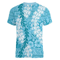 Blue Puakenikeni and Maile Lei Women V-Neck T-Shirt Hawaiian Style Tribal Tapa Double Strand Lei LT9 - Polynesian Pride