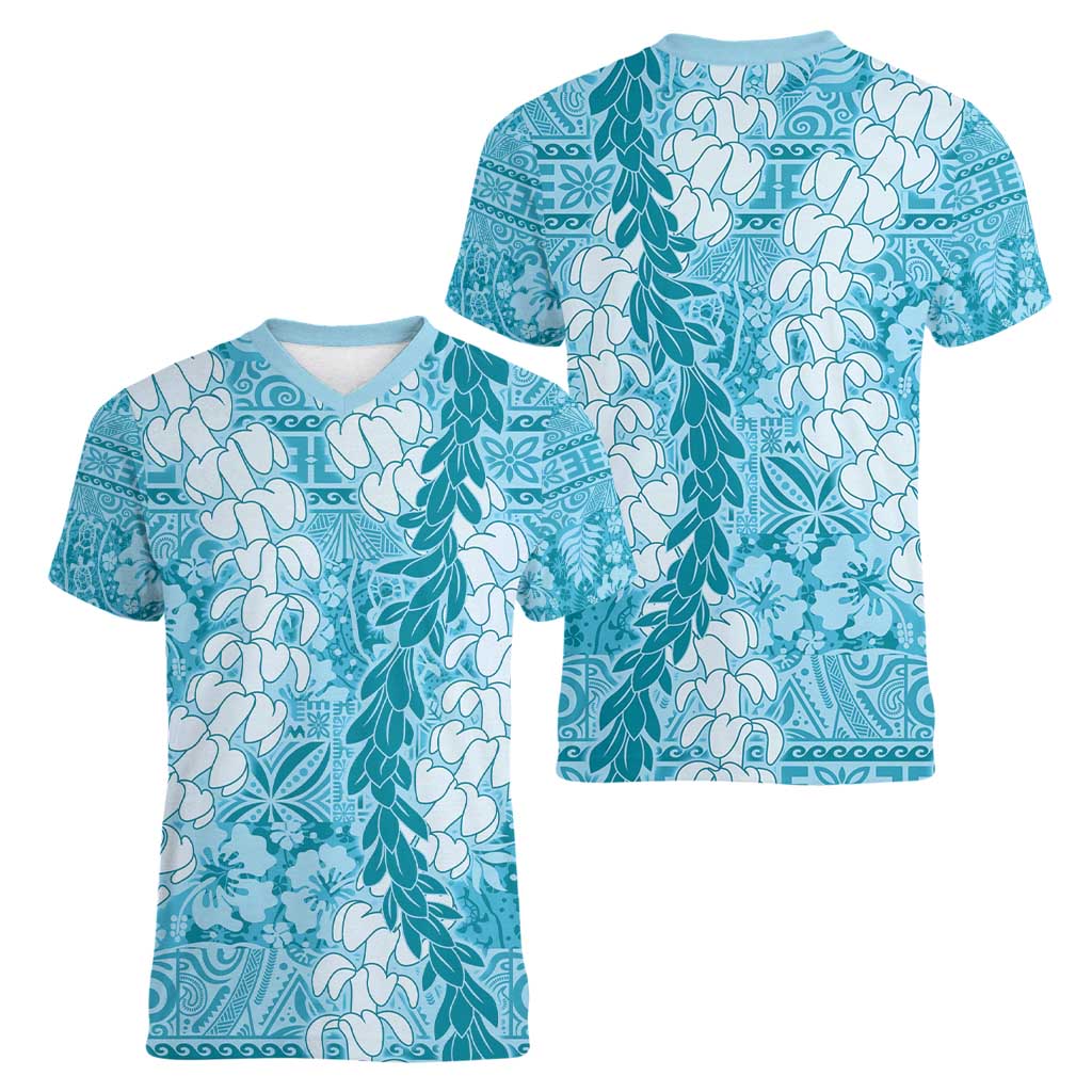 Blue Puakenikeni and Maile Lei Women V-Neck T-Shirt Hawaiian Style Tribal Tapa Double Strand Lei LT9 - Polynesian Pride