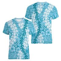 Blue Puakenikeni and Maile Lei Women V-Neck T-Shirt Hawaiian Style Tribal Tapa Double Strand Lei LT9 - Polynesian Pride