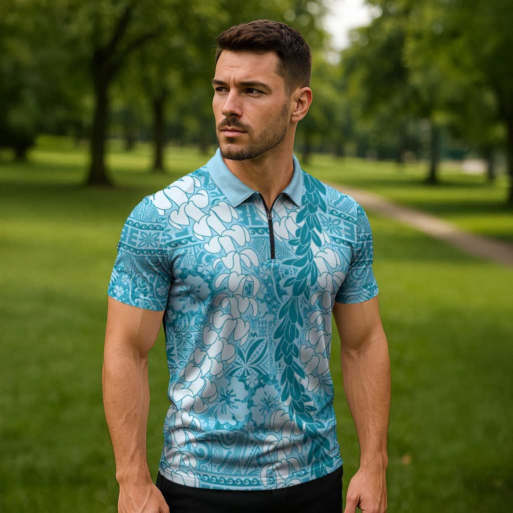Blue Puakenikeni and Maile Lei Zipper Polo Shirt Hawaiian Style Tribal Tapa Double Strand Lei - Polynesian Pride