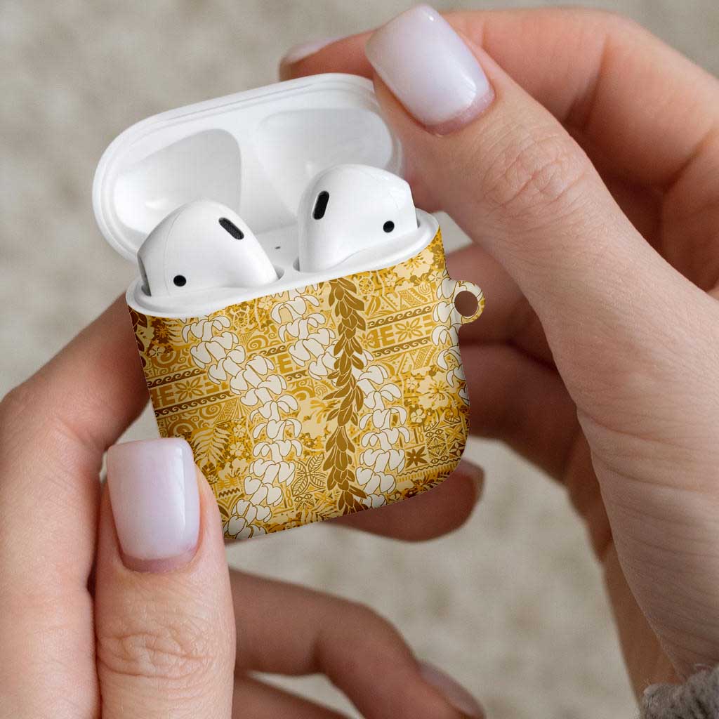 Gold Puakenikeni and Maile Lei AirPods Case Hawaiian Style Tribal Tapa Double Strand Lei - Polynesian Pride
