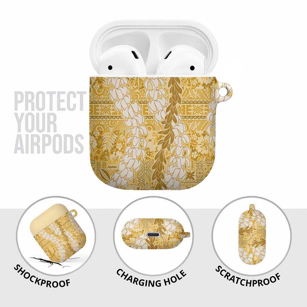 Gold Puakenikeni and Maile Lei AirPods Case Hawaiian Style Tribal Tapa Double Strand Lei - Polynesian Pride