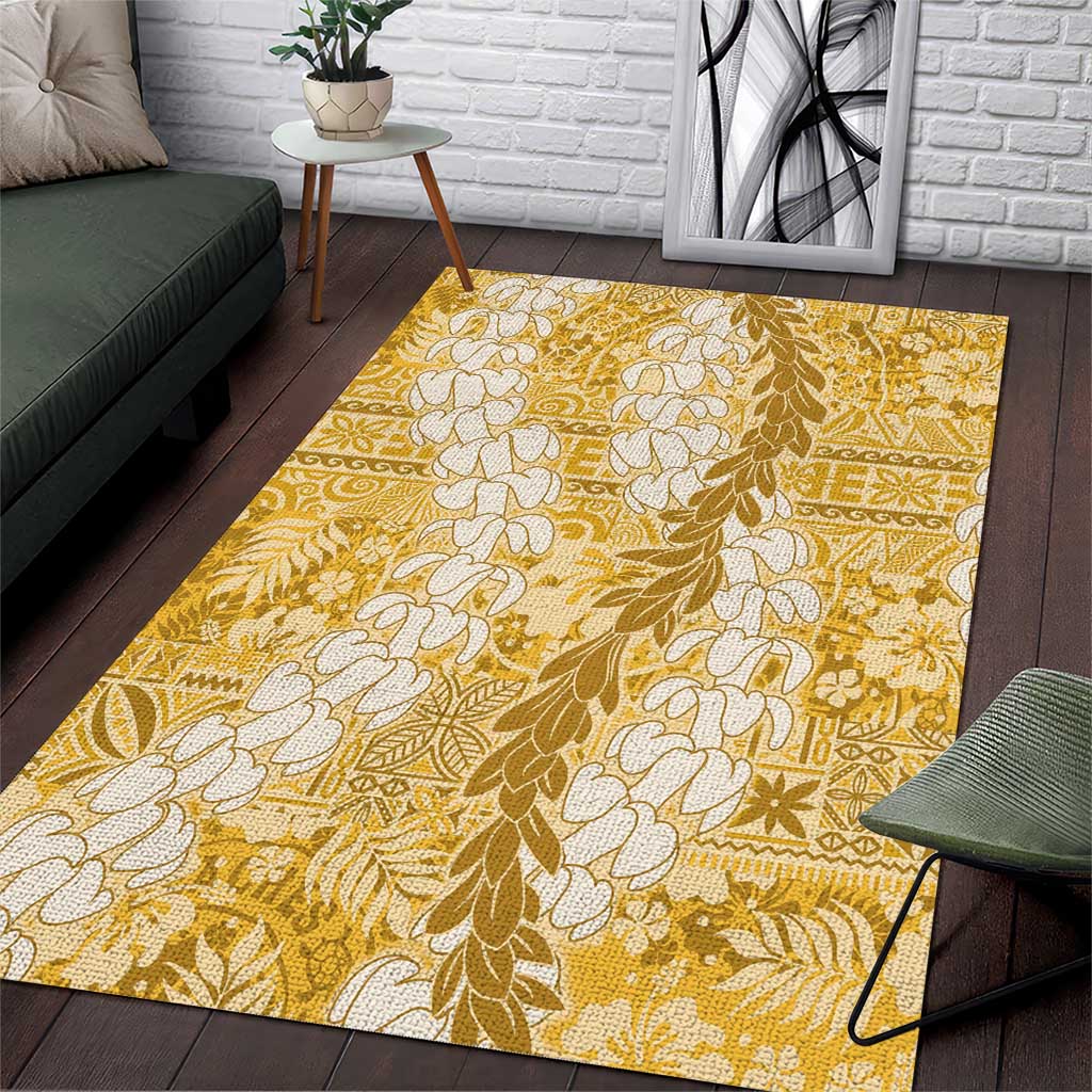 Gold Puakenikeni and Maile Lei Area Rug Hawaiian Style Tribal Tapa Double Strand Lei