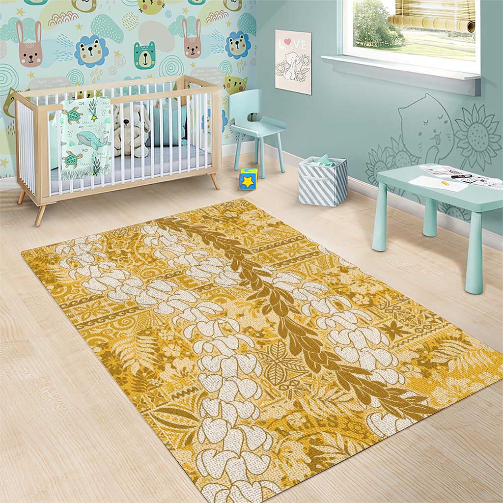 Gold Puakenikeni and Maile Lei Area Rug Hawaiian Style Tribal Tapa Double Strand Lei