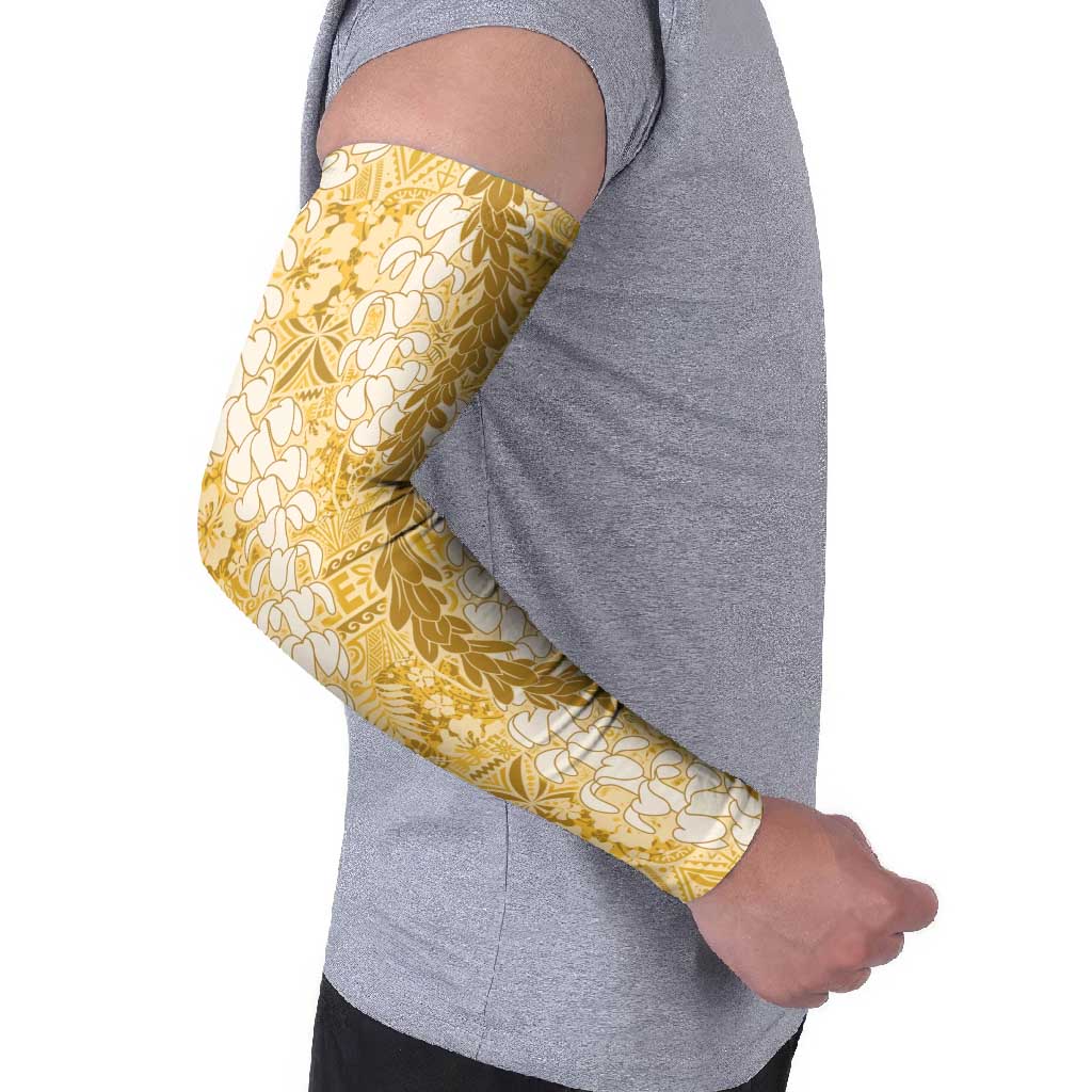 Gold Puakenikeni and Maile Lei Arm Sleeves Hawaiian Style Tribal Tapa Double Strand Lei - Polynesian Pride