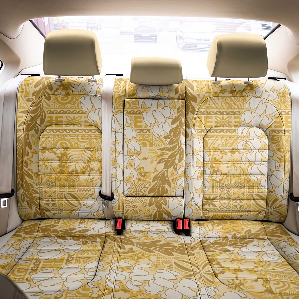 Gold Puakenikeni and Maile Lei Back Car Seat Cover Hawaiian Style Tribal Tapa Double Strand Lei