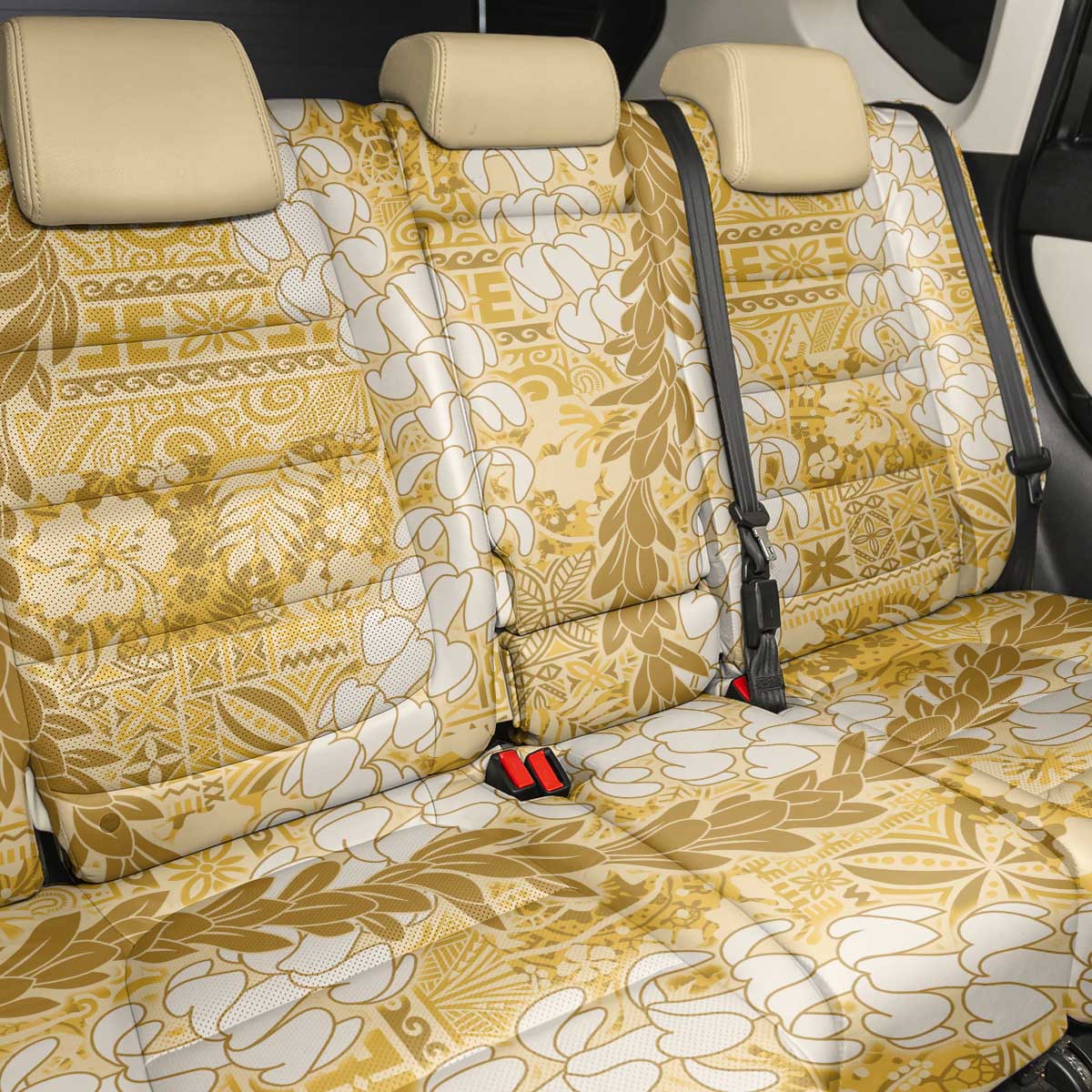 Gold Puakenikeni and Maile Lei Back Car Seat Cover Hawaiian Style Tribal Tapa Double Strand Lei