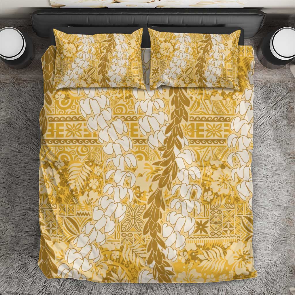 Gold Puakenikeni and Maile Lei Bedding Set Hawaiian Style Tribal Tapa Double Strand Lei