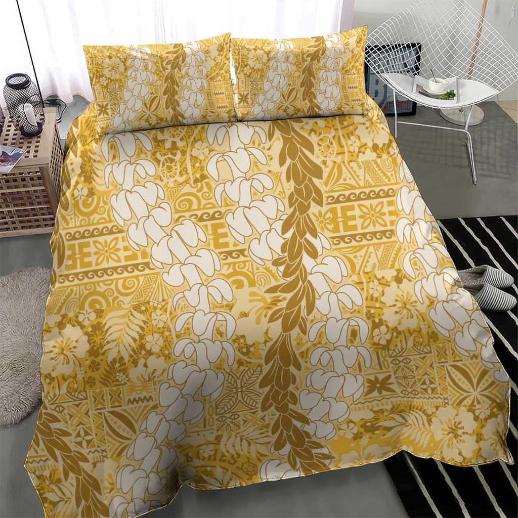 Gold Puakenikeni and Maile Lei Bedding Set Hawaiian Style Tribal Tapa Double Strand Lei