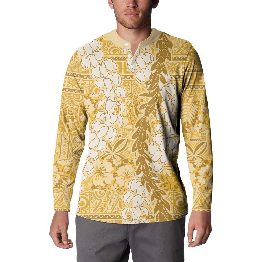 Gold Puakenikeni and Maile Lei Button Sweatshirt Hawaiian Style Tribal Tapa Double Strand Lei