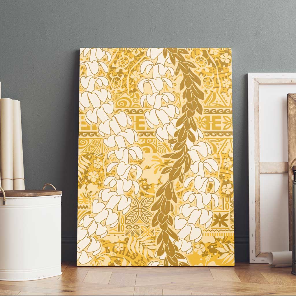Gold Puakenikeni and Maile Lei Canvas Wall Art Hawaiian Style Tribal Tapa Double Strand Lei