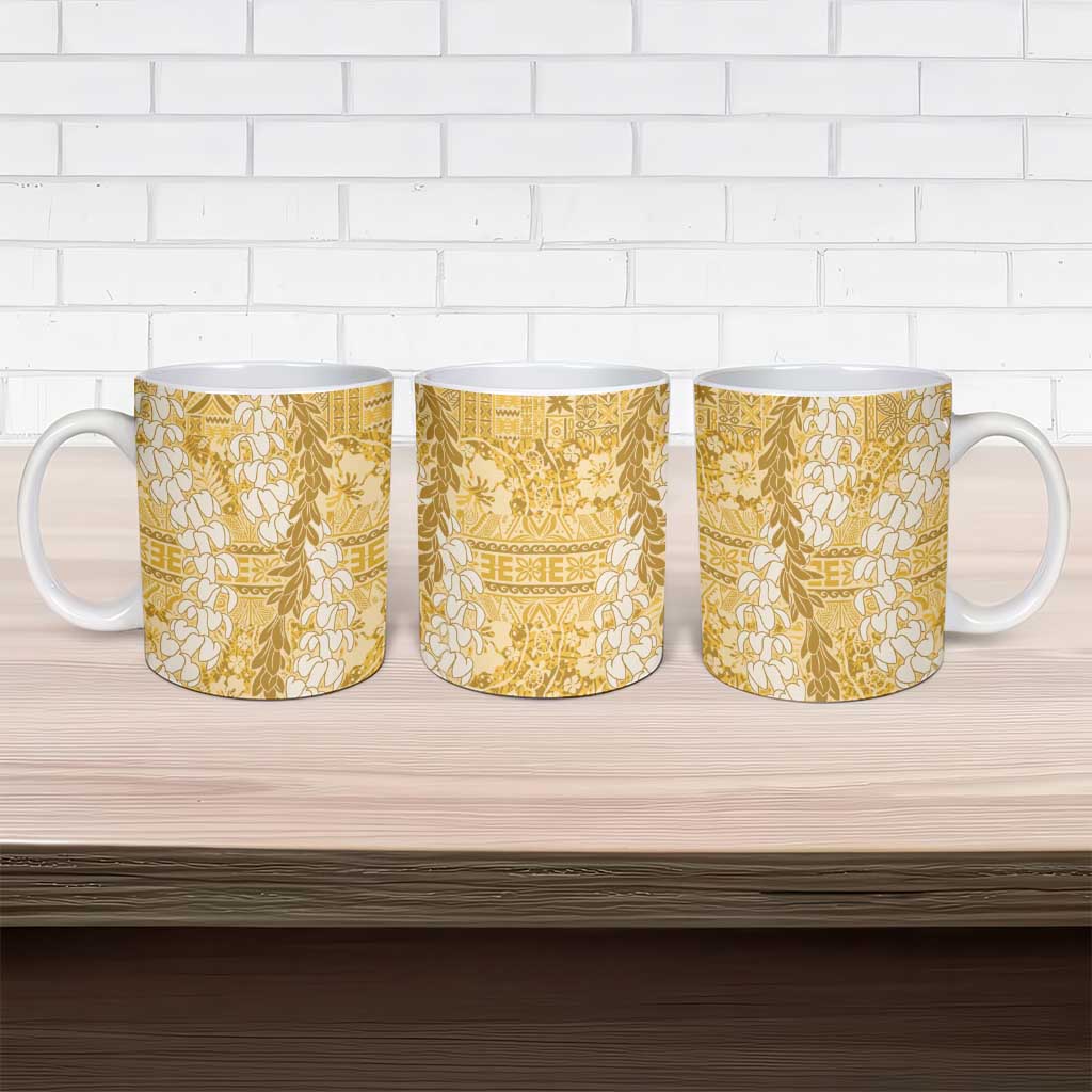 Gold Puakenikeni and Maile Lei Ceramic Mug Hawaiian Style Tribal Tapa Double Strand Lei - Polynesian Pride
