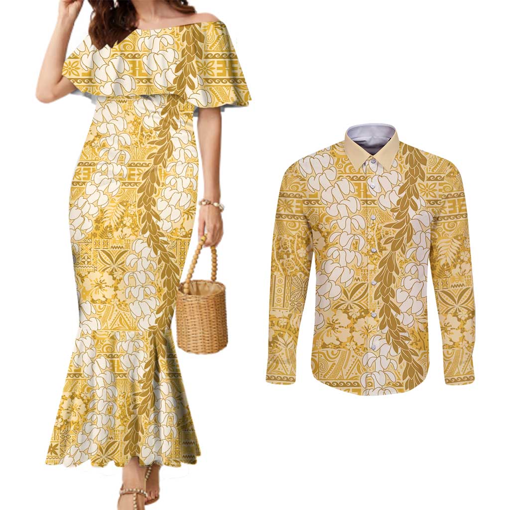 Gold Puakenikeni and Maile Lei Couples Matching Mermaid Dress and Long Sleeve Button Shirt Hawaiian Style Tribal Tapa Double Strand Lei