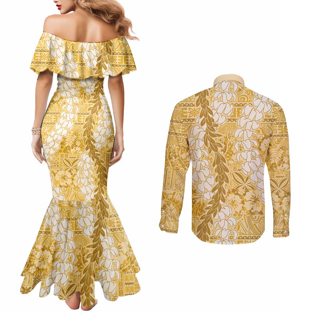 Gold Puakenikeni and Maile Lei Couples Matching Mermaid Dress and Long Sleeve Button Shirt Hawaiian Style Tribal Tapa Double Strand Lei LT9 - Polynesian Pride