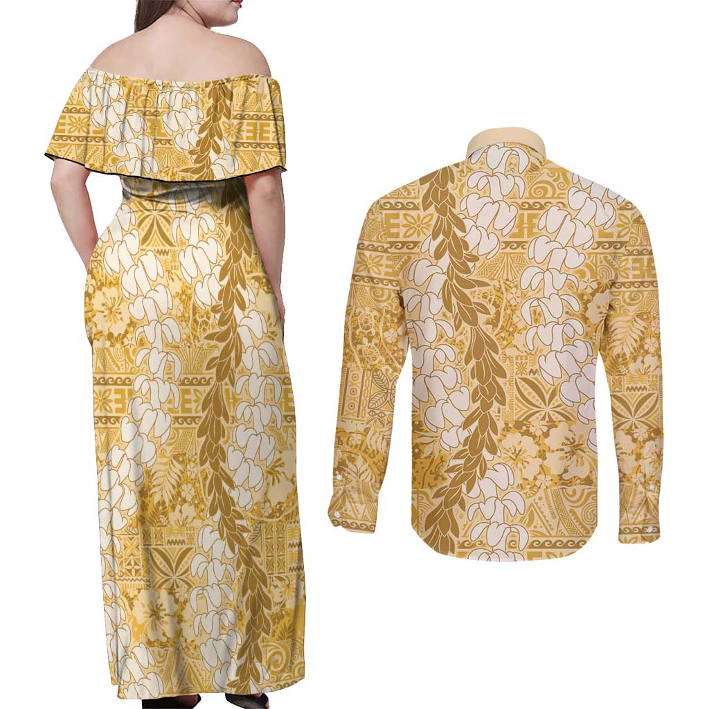 Gold Puakenikeni and Maile Lei Couples Matching Off Shoulder Maxi Dress and Long Sleeve Button Shirt Hawaiian Style Tribal Tapa Double Strand Lei LT9 - Polynesian Pride