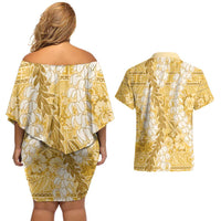 Gold Puakenikeni and Maile Lei Couples Matching Off Shoulder Short Dress and Hawaiian Shirt Hawaiian Style Tribal Tapa Double Strand Lei LT9 - Polynesian Pride