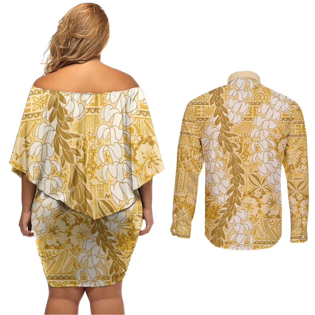 Gold Puakenikeni and Maile Lei Couples Matching Off Shoulder Short Dress and Long Sleeve Button Shirt Hawaiian Style Tribal Tapa Double Strand Lei LT9 - Polynesian Pride