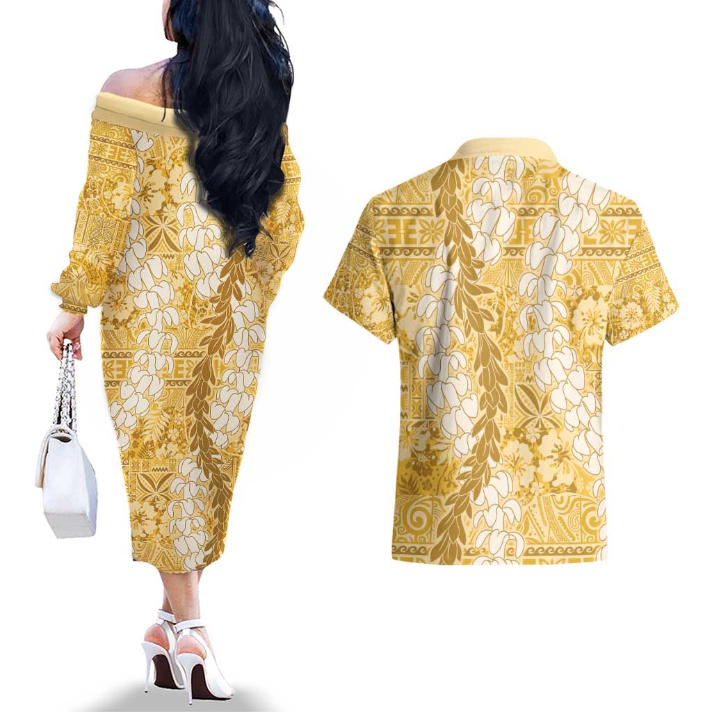 Gold Puakenikeni and Maile Lei Couples Matching Off The Shoulder Long Sleeve Dress and Hawaiian Shirt Hawaiian Style Tribal Tapa Double Strand Lei LT9 - Polynesian Pride