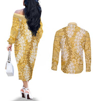 Gold Puakenikeni and Maile Lei Couples Matching Off The Shoulder Long Sleeve Dress and Long Sleeve Button Shirt Hawaiian Style Tribal Tapa Double Strand Lei LT9 - Polynesian Pride