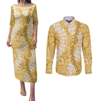 Gold Puakenikeni and Maile Lei Couples Matching Puletasi and Long Sleeve Button Shirt Hawaiian Style Tribal Tapa Double Strand Lei LT9 Gold - Polynesian Pride