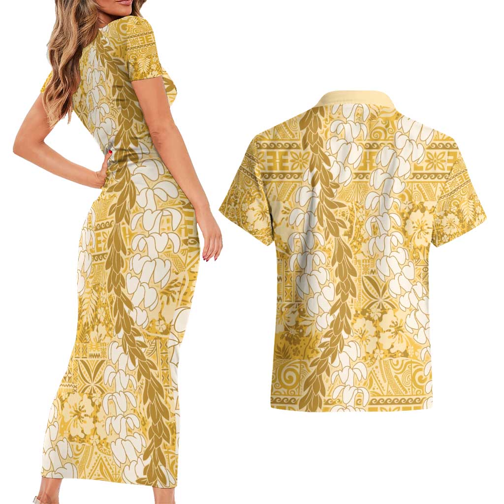Gold Puakenikeni and Maile Lei Couples Matching Short Sleeve Bodycon Dress and Hawaiian Shirt Hawaiian Style Tribal Tapa Double Strand Lei LT9 - Polynesian Pride