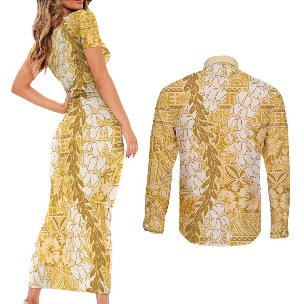 Gold Puakenikeni and Maile Lei Couples Matching Short Sleeve Bodycon Dress and Long Sleeve Button Shirt Hawaiian Style Tribal Tapa Double Strand Lei LT9 - Polynesian Pride