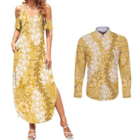 Gold Puakenikeni and Maile Lei Couples Matching Summer Maxi Dress and Long Sleeve Button Shirt Hawaiian Style Tribal Tapa Double Strand Lei LT9 Gold - Polynesian Pride