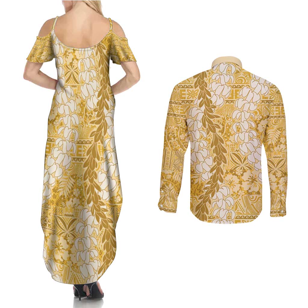 Gold Puakenikeni and Maile Lei Couples Matching Summer Maxi Dress and Long Sleeve Button Shirt Hawaiian Style Tribal Tapa Double Strand Lei LT9 - Polynesian Pride