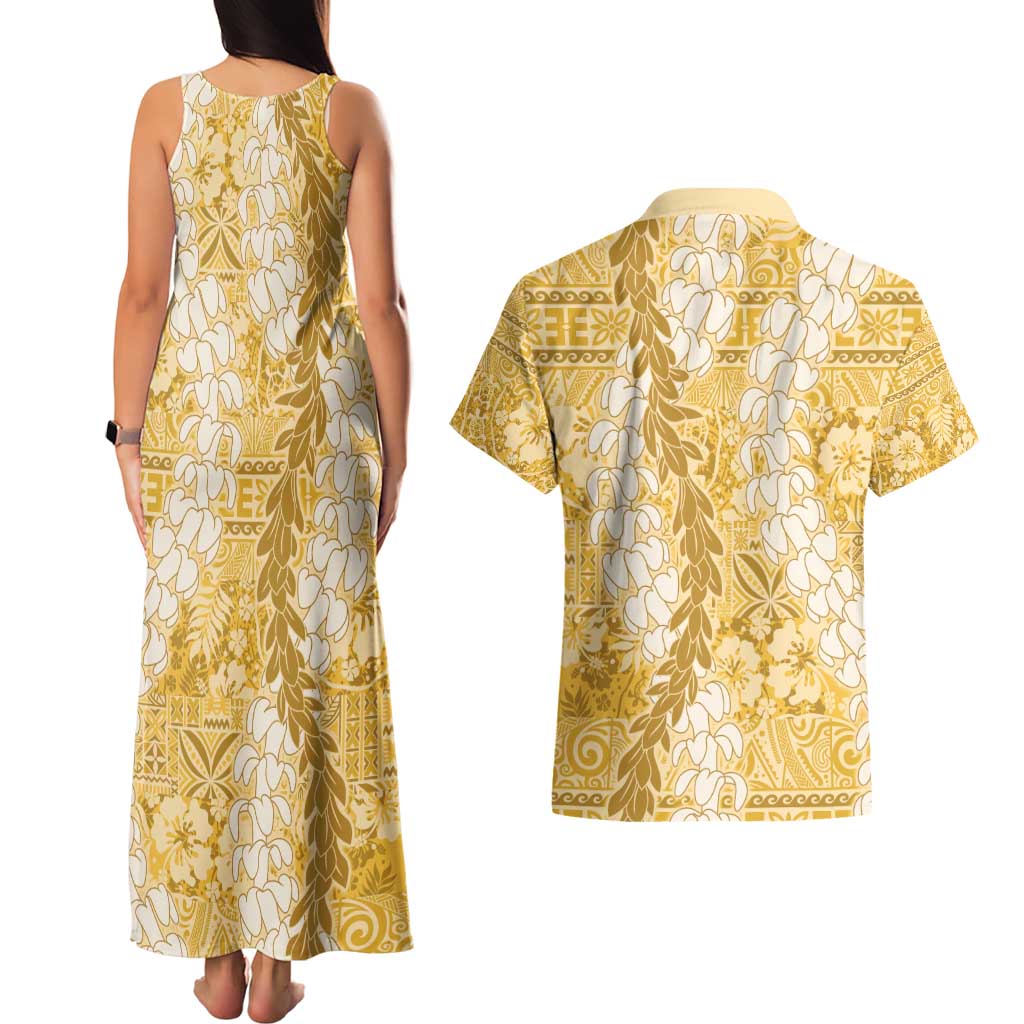 Gold Puakenikeni and Maile Lei Couples Matching Tank Maxi Dress and Hawaiian Shirt Hawaiian Style Tribal Tapa Double Strand Lei LT9 - Polynesian Pride