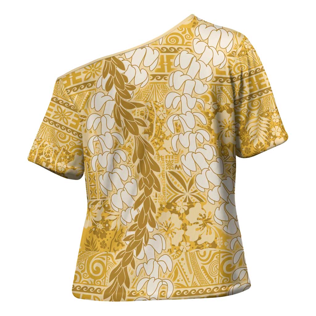 Gold Puakenikeni and Maile Lei Cross Shoulder Shirt Hawaiian Style Tribal Tapa Double Strand Lei LT9 - Polynesian Pride
