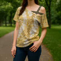 Gold Puakenikeni and Maile Lei Cross Shoulder Shirt Hawaiian Style Tribal Tapa Double Strand Lei LT9 - Polynesian Pride