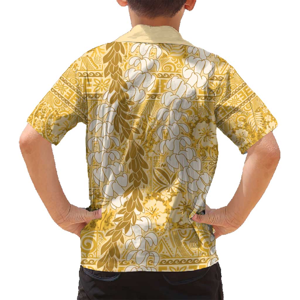 Gold Puakenikeni and Maile Lei Family Matching Long Sleeve Bodycon Dress and Hawaiian Shirt Hawaiian Style Tribal Tapa Double Strand Lei LT9 - Polynesian Pride
