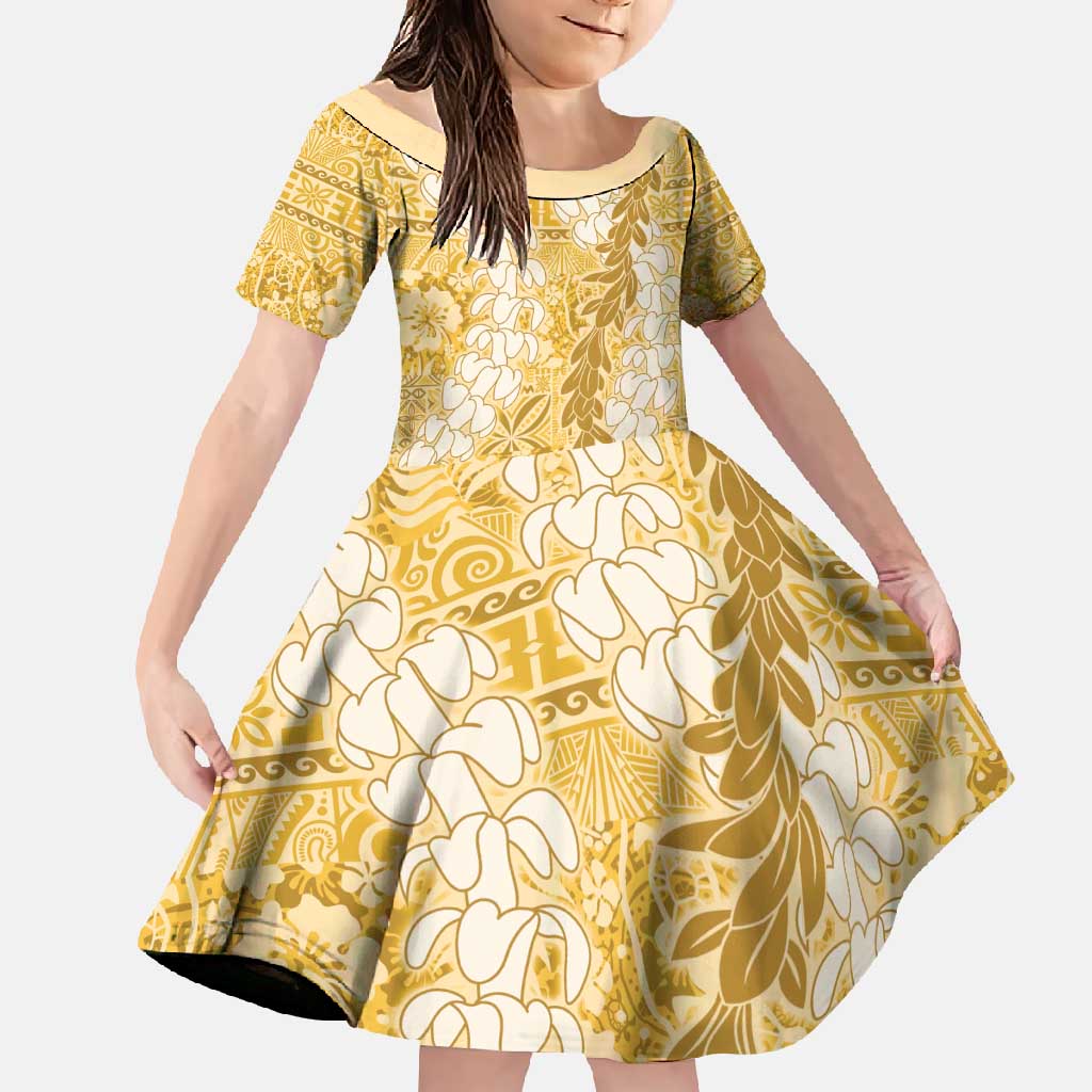 Gold Puakenikeni and Maile Lei Family Matching Long Sleeve Bodycon Dress and Hawaiian Shirt Hawaiian Style Tribal Tapa Double Strand Lei LT9 Daughter's Dress Gold - Polynesian Pride