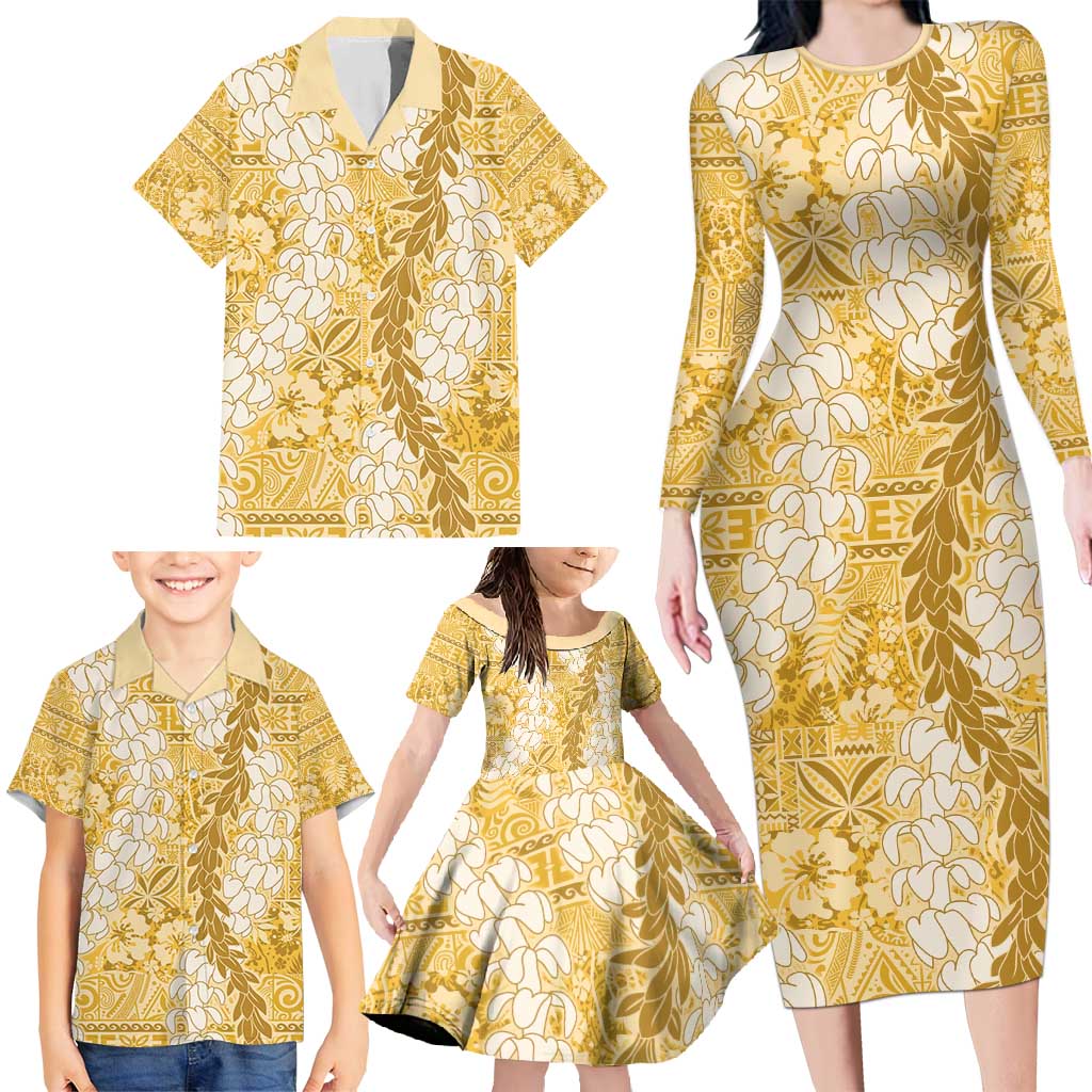 Gold Puakenikeni and Maile Lei Family Matching Long Sleeve Bodycon Dress and Hawaiian Shirt Hawaiian Style Tribal Tapa Double Strand Lei LT9 - Polynesian Pride