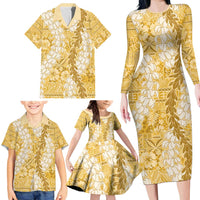 Gold Puakenikeni and Maile Lei Family Matching Long Sleeve Bodycon Dress and Hawaiian Shirt Hawaiian Style Tribal Tapa Double Strand Lei LT9 - Polynesian Pride