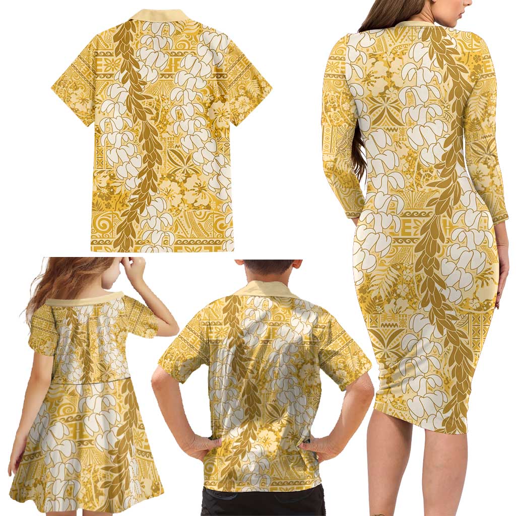 Gold Puakenikeni and Maile Lei Family Matching Long Sleeve Bodycon Dress and Hawaiian Shirt Hawaiian Style Tribal Tapa Double Strand Lei LT9 - Polynesian Pride