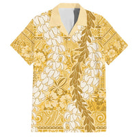 Gold Puakenikeni and Maile Lei Family Matching Long Sleeve Bodycon Dress and Hawaiian Shirt Hawaiian Style Tribal Tapa Double Strand Lei LT9 Dad's Shirt - Short Sleeve Gold - Polynesian Pride