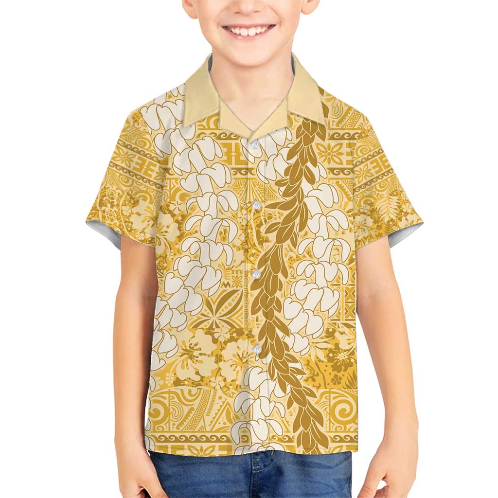 Gold Puakenikeni and Maile Lei Family Matching Long Sleeve Bodycon Dress and Hawaiian Shirt Hawaiian Style Tribal Tapa Double Strand Lei LT9 Son's Shirt Gold - Polynesian Pride