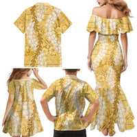 Gold Puakenikeni and Maile Lei Family Matching Mermaid Dress and Hawaiian Shirt Hawaiian Style Tribal Tapa Double Strand Lei