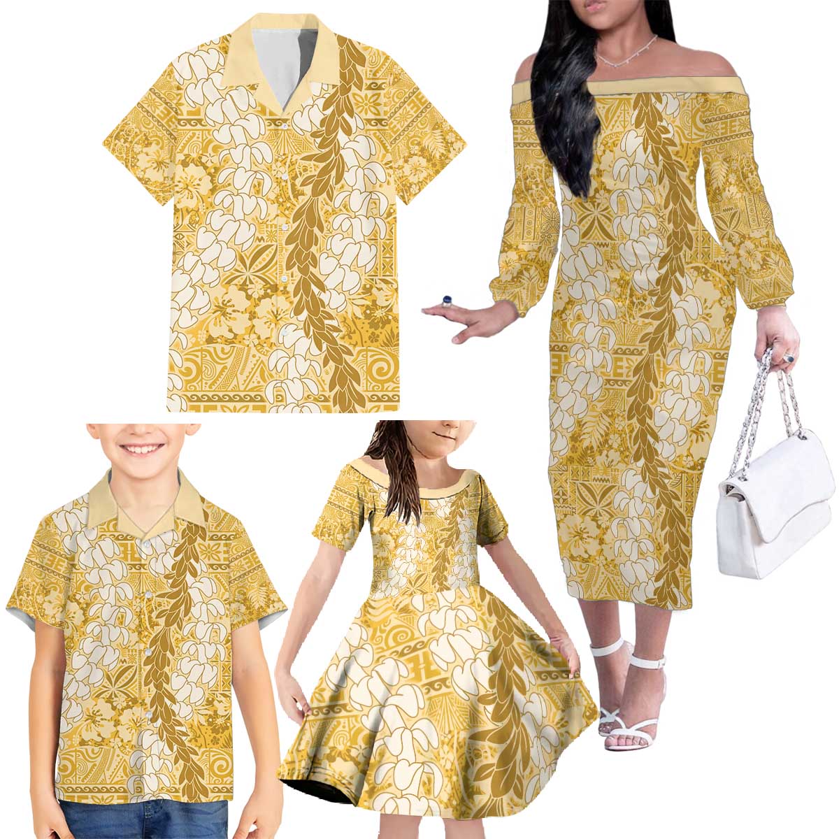 Gold Puakenikeni and Maile Lei Family Matching Off The Shoulder Long Sleeve Dress and Hawaiian Shirt Hawaiian Style Tribal Tapa Double Strand Lei LT9 - Polynesian Pride