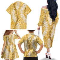 Gold Puakenikeni and Maile Lei Family Matching Off The Shoulder Long Sleeve Dress and Hawaiian Shirt Hawaiian Style Tribal Tapa Double Strand Lei LT9 - Polynesian Pride